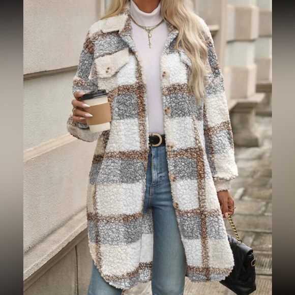 Teddy sherpa jacket shacket long button plaid gray cream NWT - Picture 2 of 3